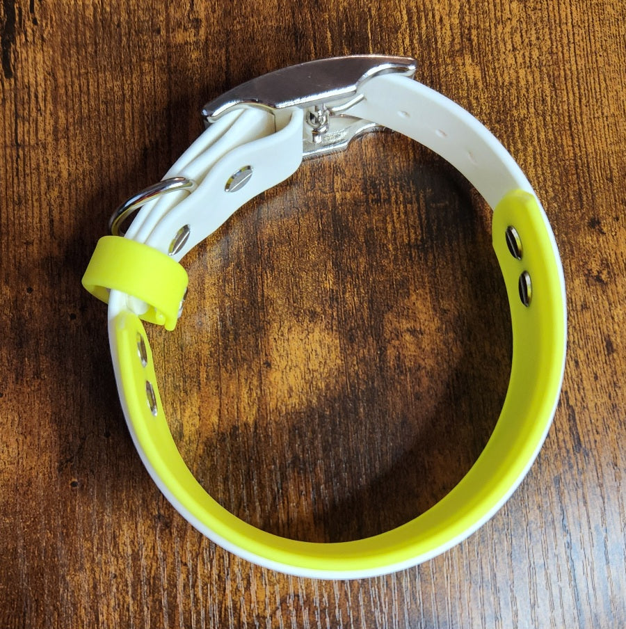 yellow and white layered biothane dog collar