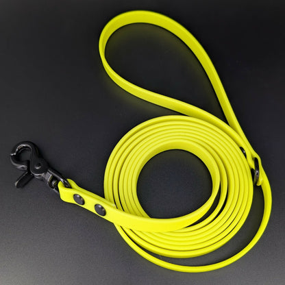 yellow biothane dog leash with black hardware