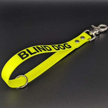 yellow biothane traffic handle with custom text reading blind dog