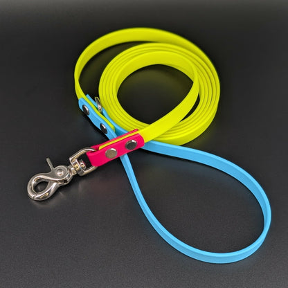 yellow light blue and pink biothane dog leash silver hardware