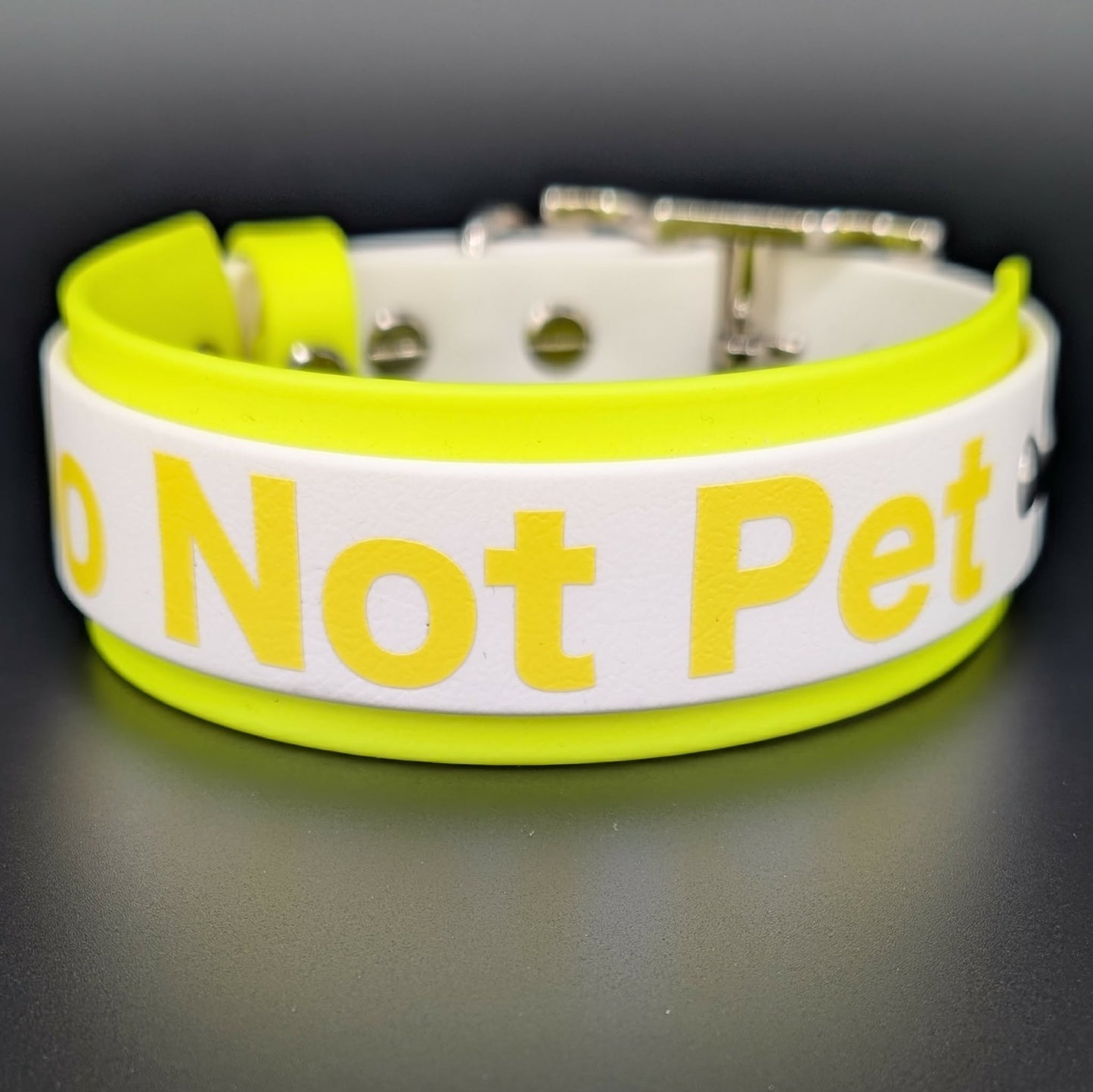 yellow and white layered biothane dog collar with 'Do Not Pet' text